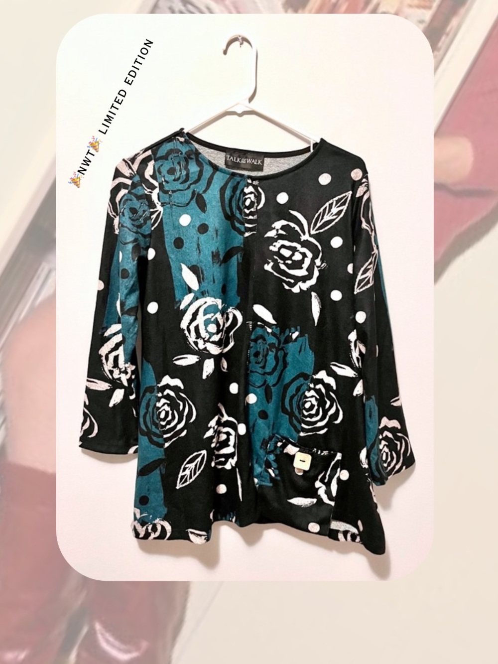NWTπ Floral Polka Dot Turquoise Gray Patchwork Tunic Top
